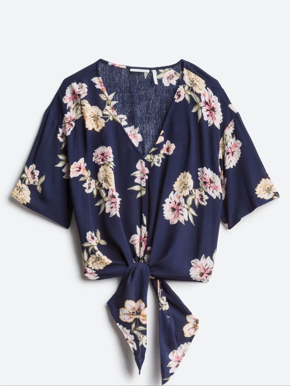 NWT LUQ Rhee Floral Tie Front Top Navy V-Neck Blouse Size L